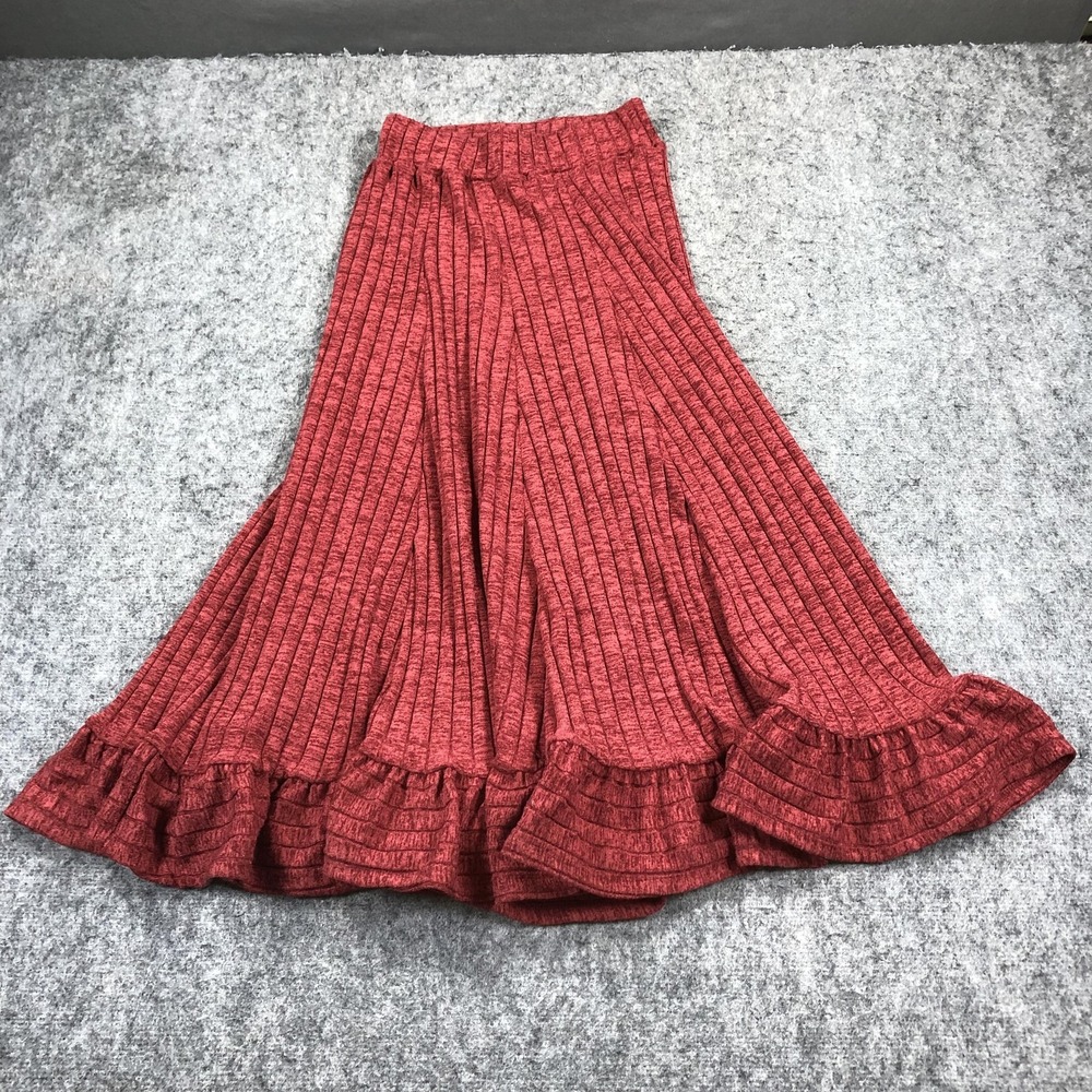 Anthropologie Skirt Womens XS Red Ribbed Knit Flare Ruffle Hem Midi Stretch Date